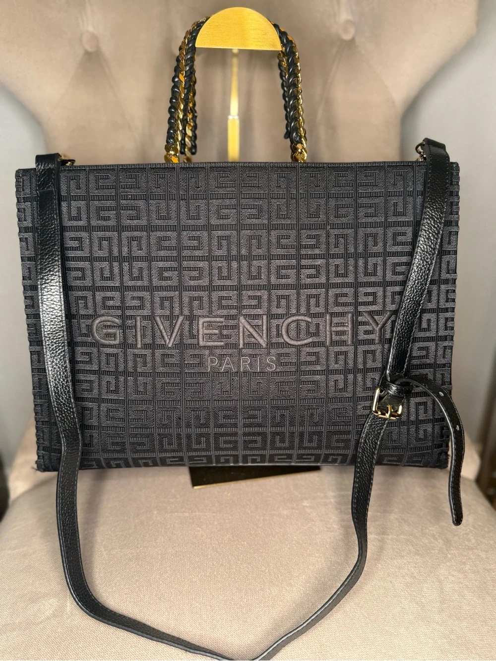 Givenchy Black Jacquard Logo Tote with Chain Handles